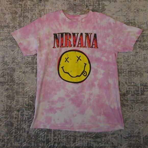 Nirvana Shirt Men's Medium Pink Short Sleeve Music Smiley Graphic Tie Dye - Picture 1 of 7